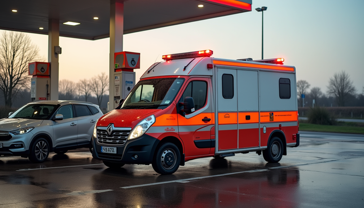 Eye-level view of a roadside rescue vehicle parked near a petrol station in Suffolk