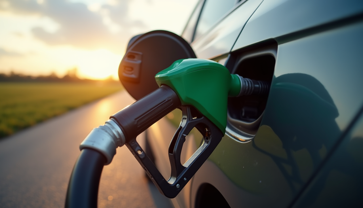 Close-up view of a diesel car fuel tank with a petrol pump nozzle inserted