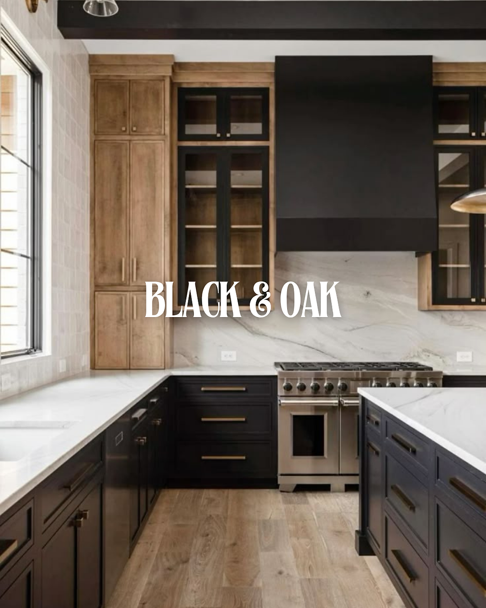 Modern kitchen design featuring matte black lower cabinets and natural oak upper cabinetry with white countertops and a marble backsplash.
