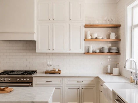 White modern farmhouse kitchen with full-height shaker cabinets, marble-style quartz countertops, brass hardware, and warm wood accents.