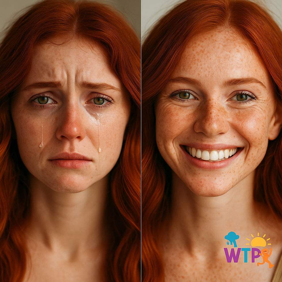 Two pictures of a woman: One with Waterfall Tears and another with a Sunshine Smile