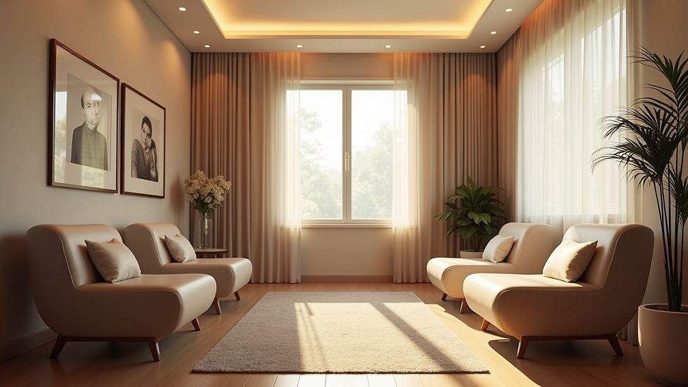 Eye-level view of a cozy therapy room with soft lighting and comfortable chairs