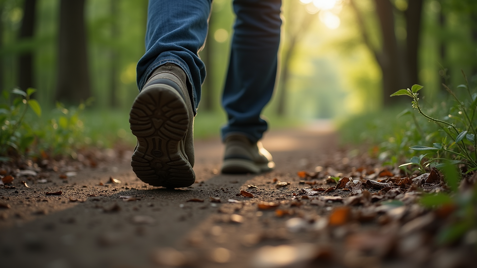 Close-up of feet walking on a forest path