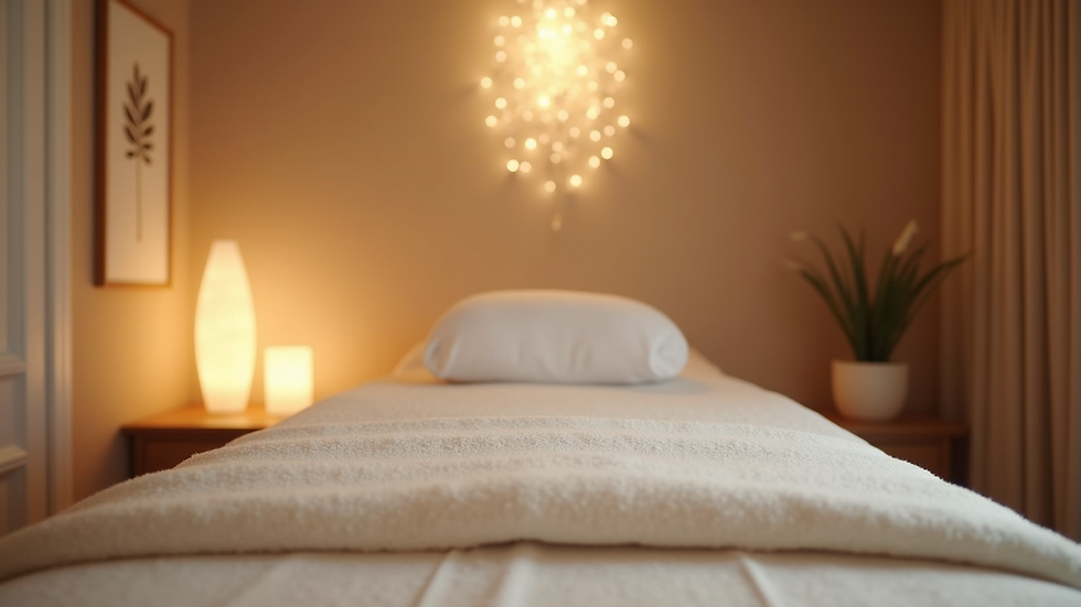 Eye-level view of a serene massage room with soft lighting