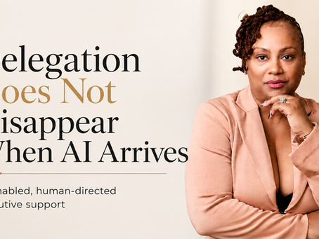 Portrait of a woman in a peach blazer beside text: Delegation Does Not Disappear When AI Arrives; calm, professional backdrop