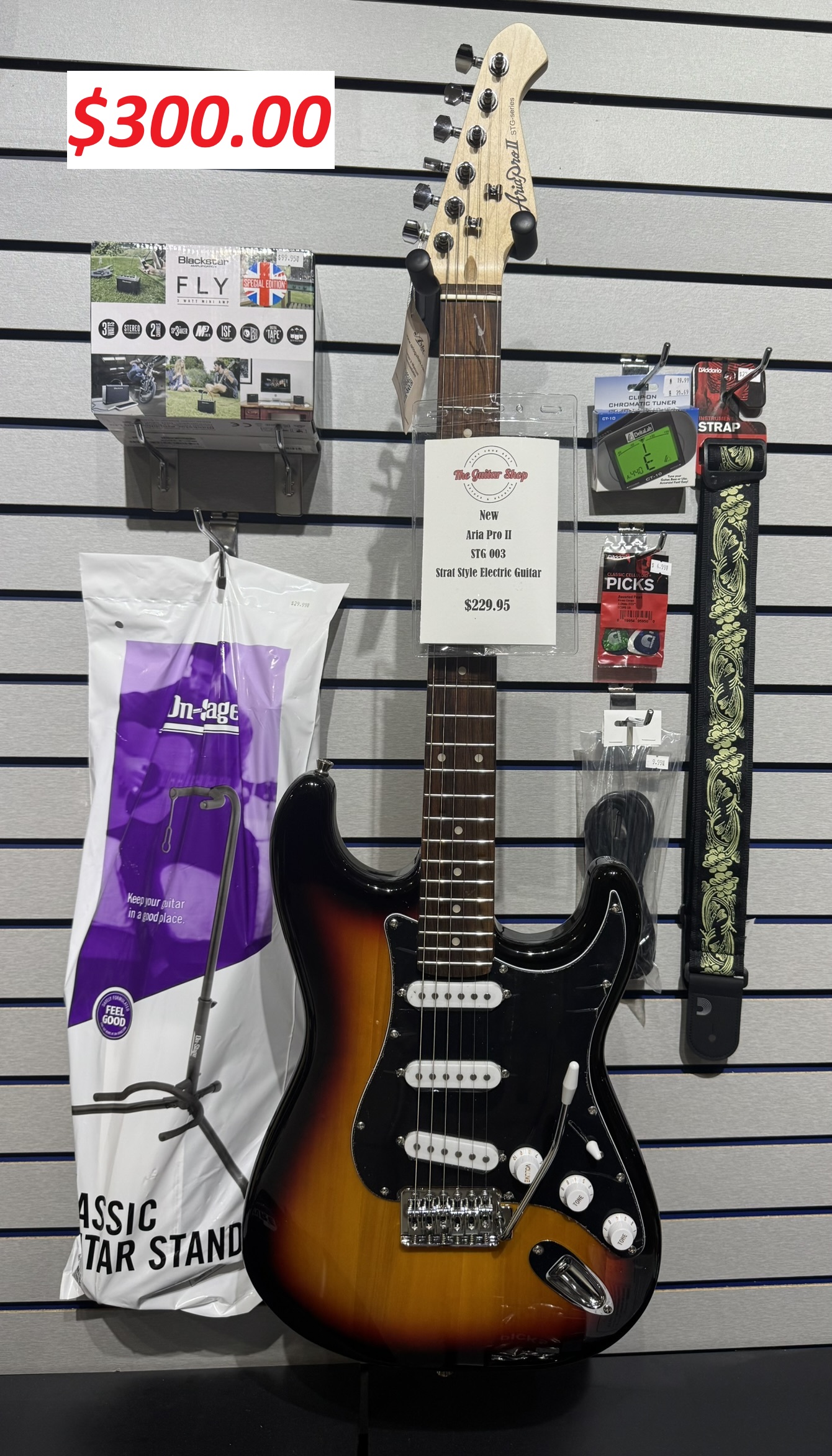 A spread of essential guitar accessories including cables and picks.