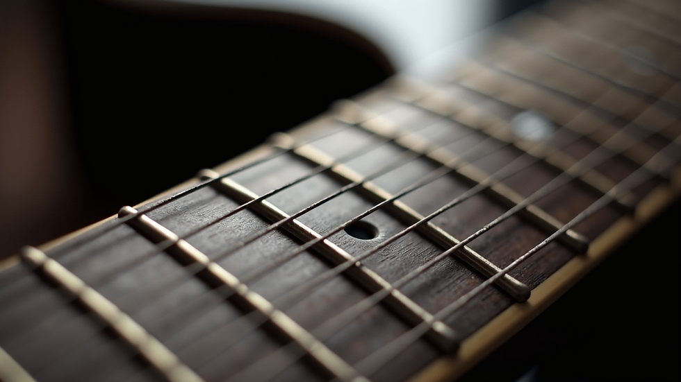 Close-up view of guitar fretboard showing worn frets