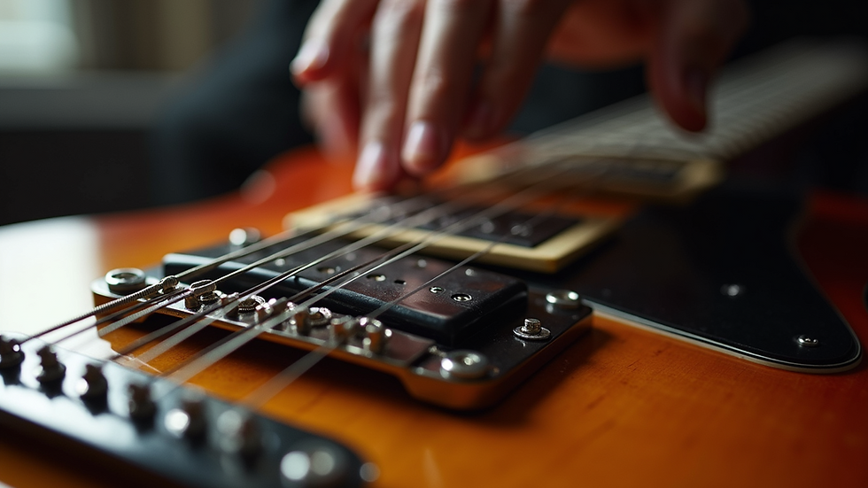 Eye-level view of electric guitar bridge and strings being adjusted