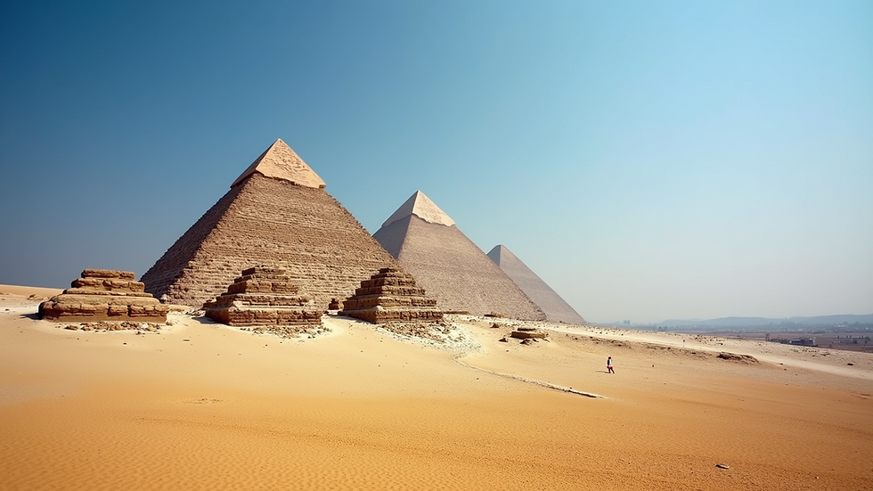Eye-level view of the Great Pyramids of Giza under a clear blue sky