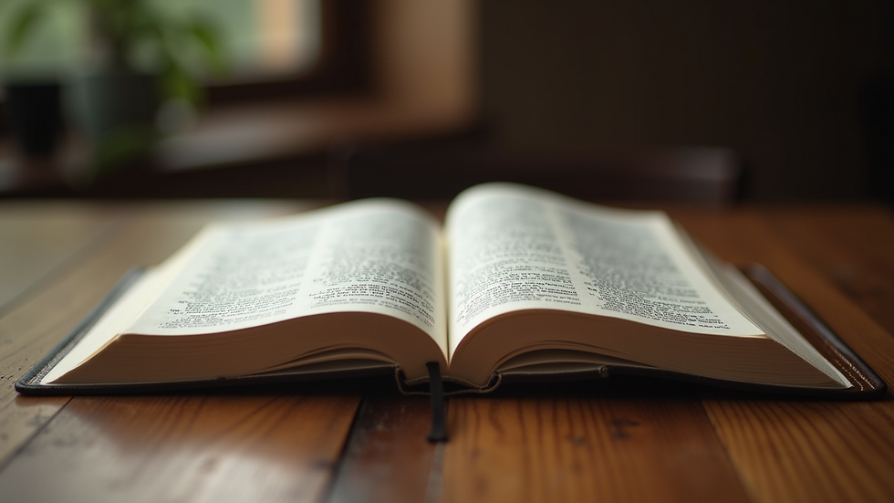 Eye-level view of an open Bible on a wooden table
