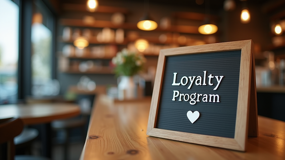 Eye-level view of a cozy coffee shop interior with a loyalty program sign