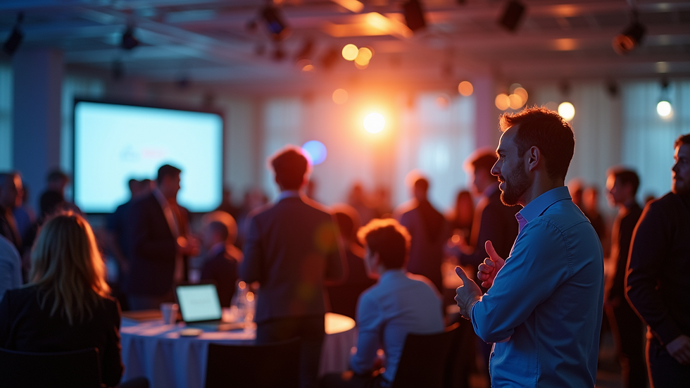 Eye-level view of a vibrant conference setting with attendees engaged in discussions
