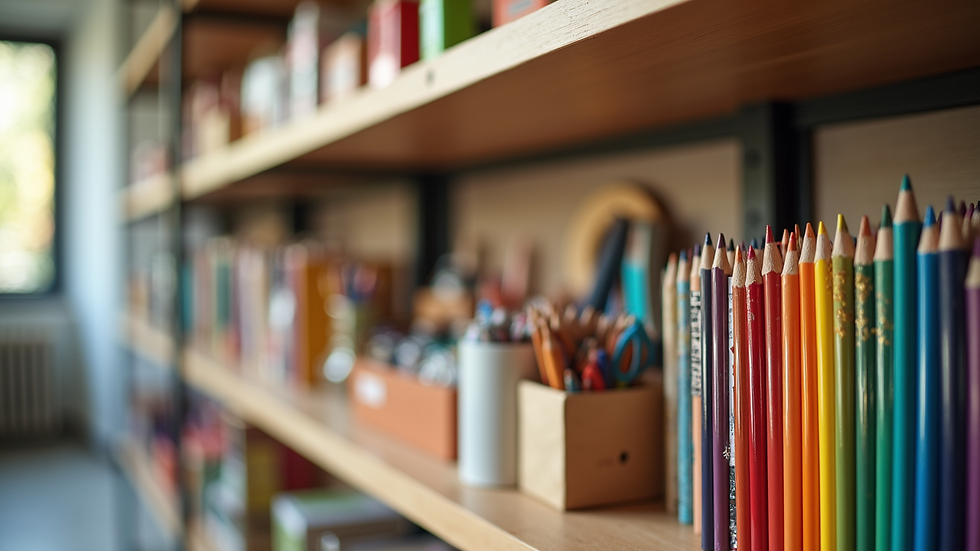 Close-up view of colorful craft supplies neatly organized on a shelf