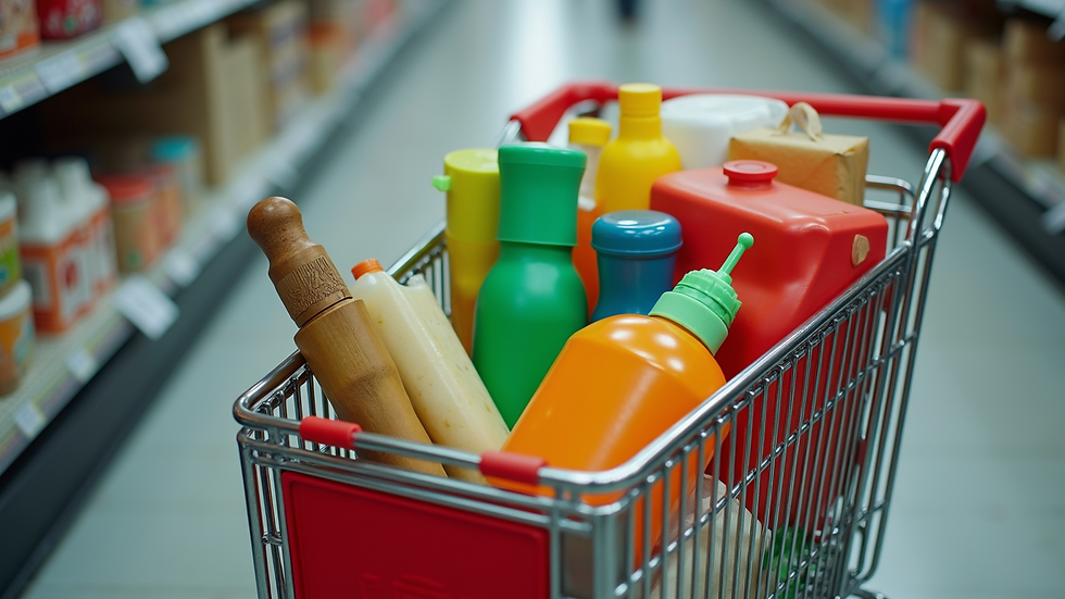 High angle view of a colorful shopping cart filled with essential items