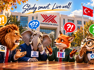Dünya üniversite sıralamaları ile tıp alanı sıralamaları arasındaki farkı sorgulayan Sophia Academy illüstrasyonu. Study smart. Live well.