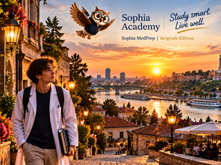 Belgrad Diş Hekimliği Fakültesi diploma notu ve giriş sınavı hazırlığını temsil eden, Belgrad'ın tarihî sokaklarında yürüyen düşünceli öğrenci ve Sophia Academy baykuşu. Kopyala