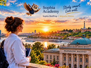 Belgrad Tıp Fakültesi giriş sınavına hazırlık için Sophia Academy MedPrep Belgrade Edition programı, tıp öğrencisi ve Belgrad manzarası.