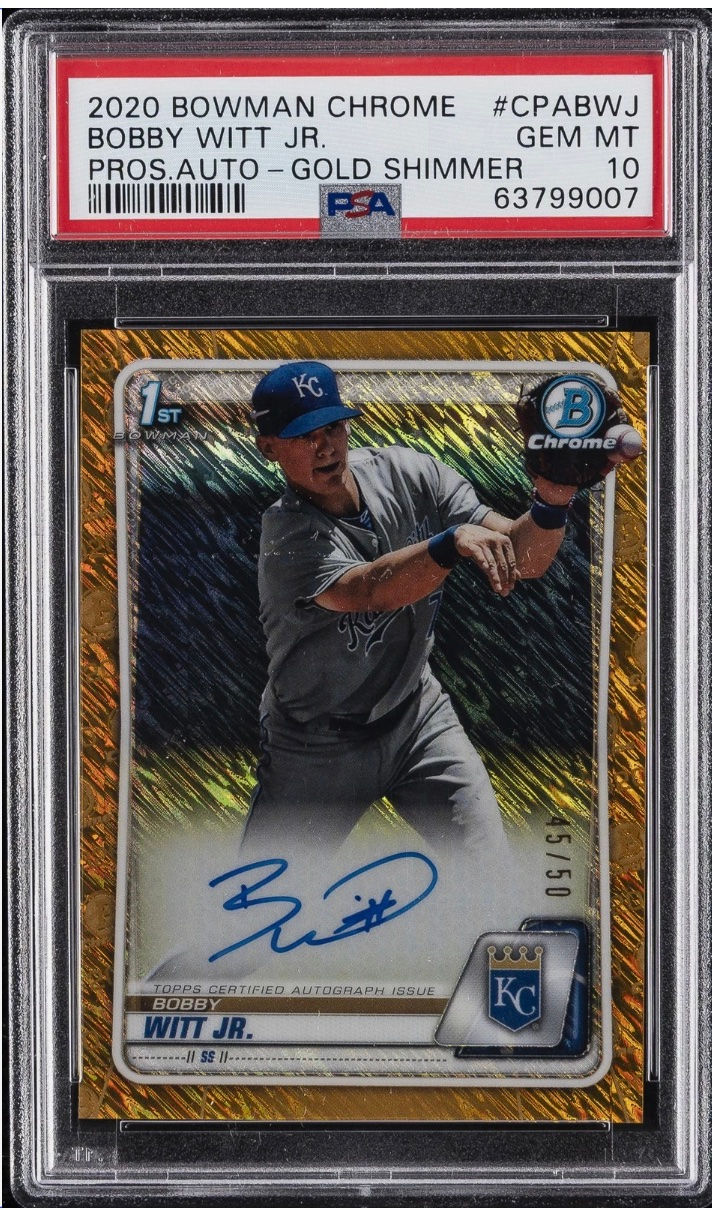 PSA 10 Gem Mint Bobby Witt Jr. Kansas City Royals 2020 Bowman Chrome Gold Shimmer autograph rookie card.