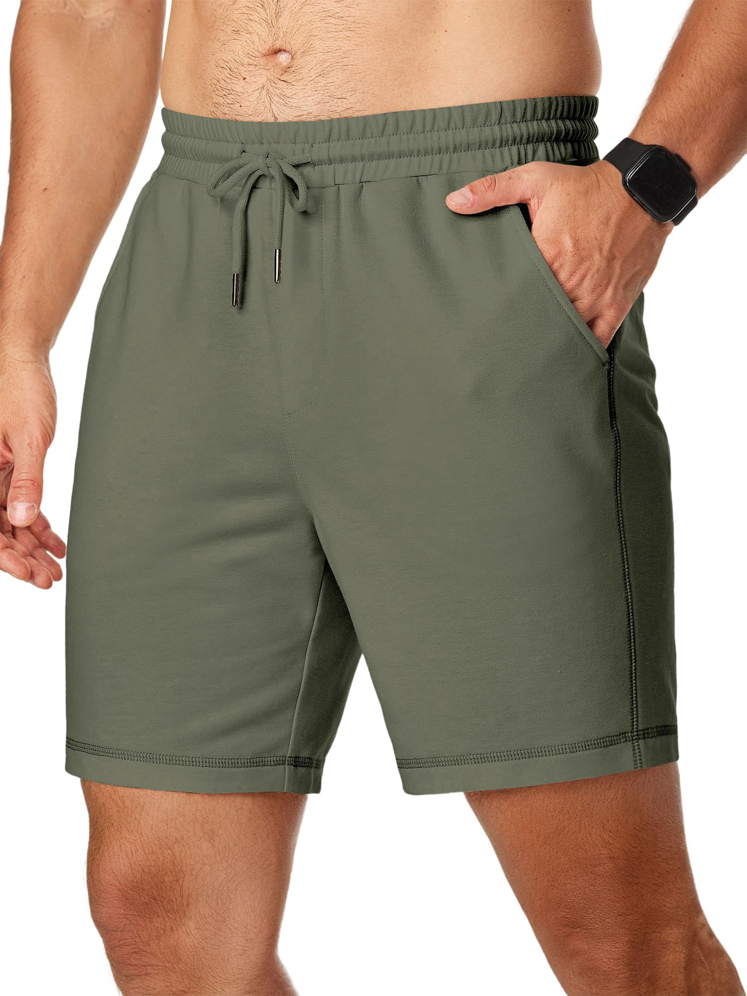 JMIERR Mens Gym Sweat Shorts Cotton 7" Running Workout Green Shorts with Pocket