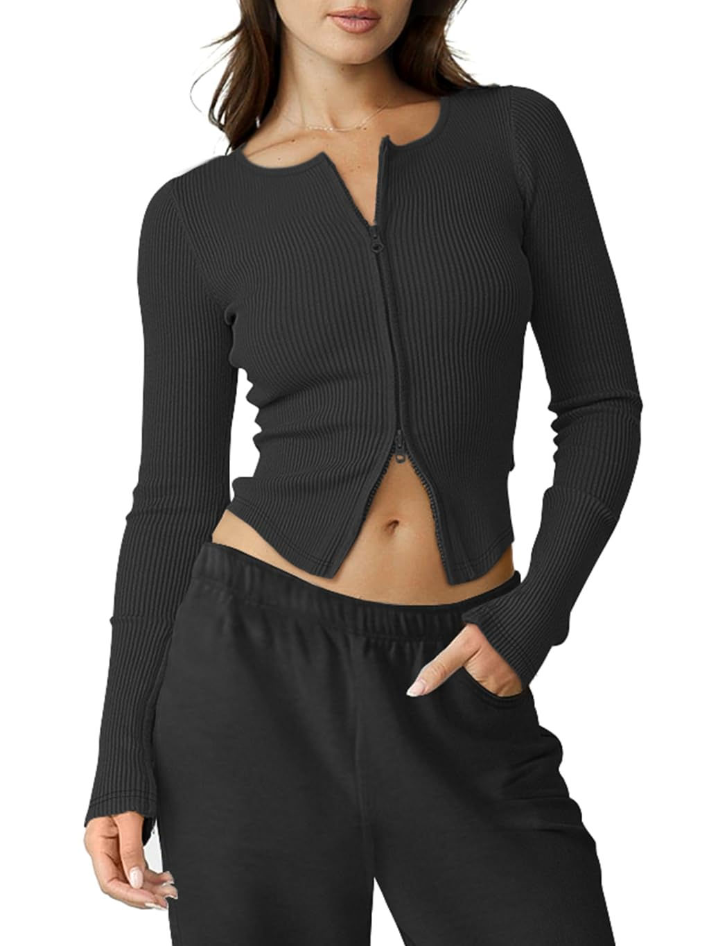 OSTAUG Womens Long Sleeve Workout Tops Double Zipper Cropped Cardigan Sweaters R