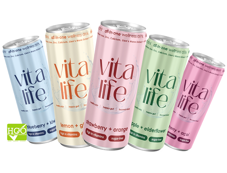Vitalife is a lightly sparkling, sugar-free vitamin and wellness drink made in the UK. Each can combines daily vitamins, minerals and fibre in a refreshing alternative to tablets and powders. Explore five fruit flavours, including Cherry & Açaí, Apple & Elderflower and Lemon & Ginger, available to order online across the UK.