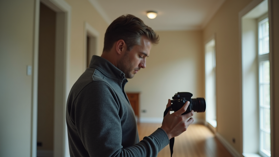 Close-up view of a property inspector taking photographs inside a rental property