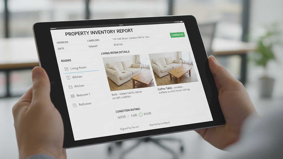 Eye-level view of a tablet displaying a digital property inventory report