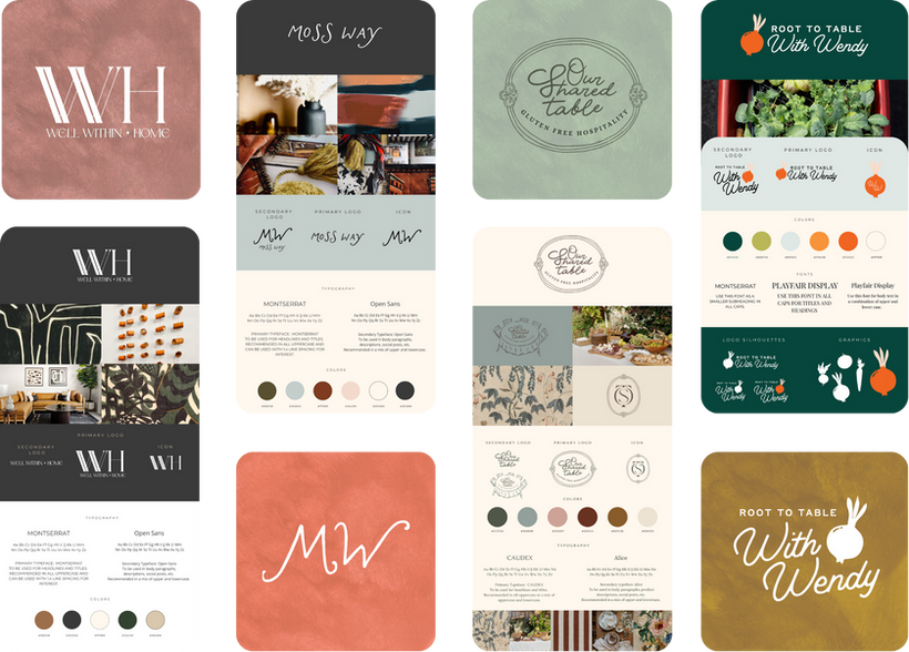 A snap shot of a few branding kits I’ve created for clients including Well Within Home, Moss Way, Root to Table With Wendy and Our Shared table.