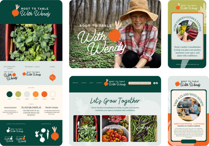 Root to Table with Wendy is a gardening, foraging and food preserving brand teaching clients about all of the above. We created a bright and bold concept to help Wendy’s brand stand out from her competitors along with social media templates to showcase her classes and tips.