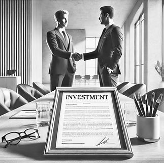 Business partners shaking hands over a signed investment agreement in a modern office