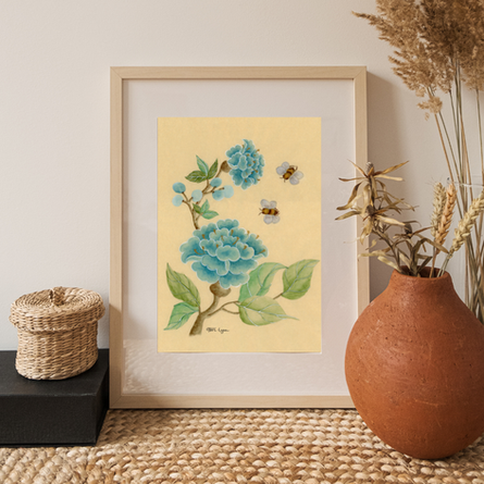 Blue Peonies and two bees on an antique gold background.
