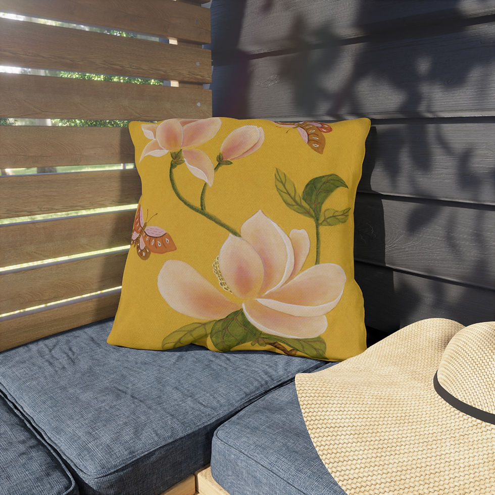 Thumbnail: Magnolia & Butterfly Outdoor Pillow – Golden Floral Garden Design