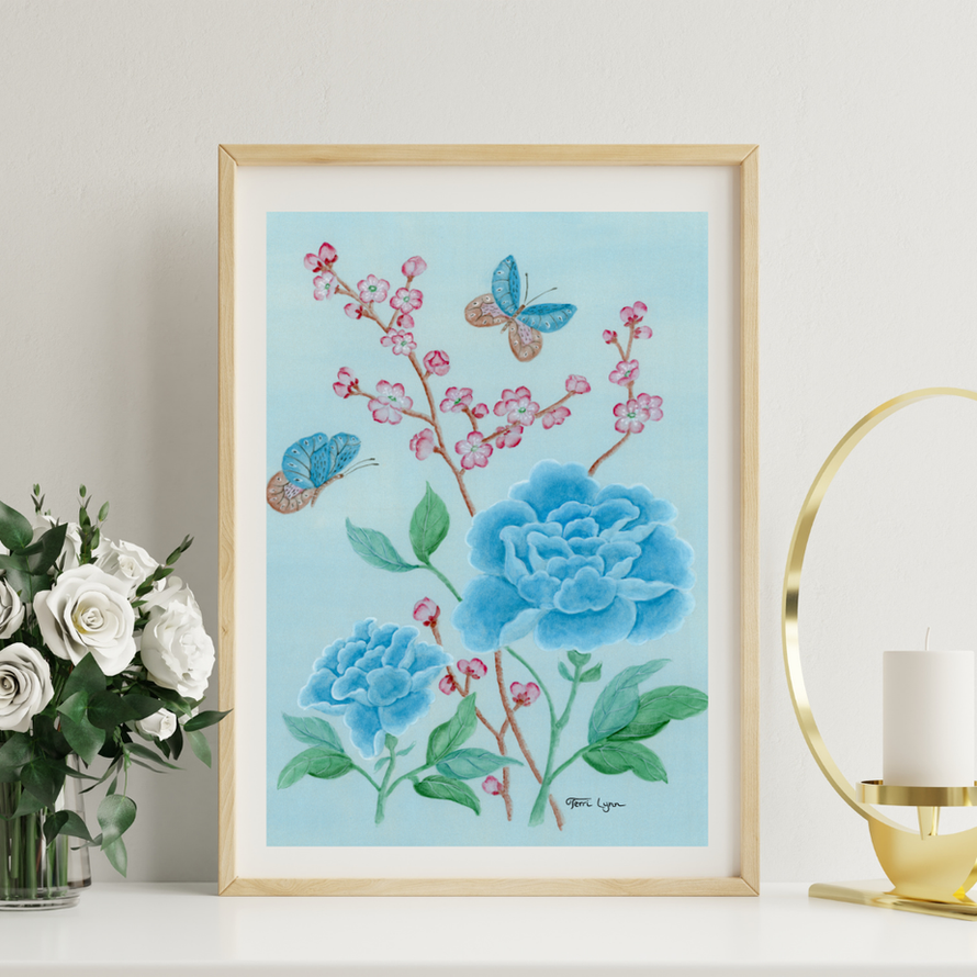 Blue Peonies, pink cherry blossoms and two butterflies on a blue background.