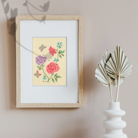 Pink and purple peonies with whimsical flower buds and two butterflies.