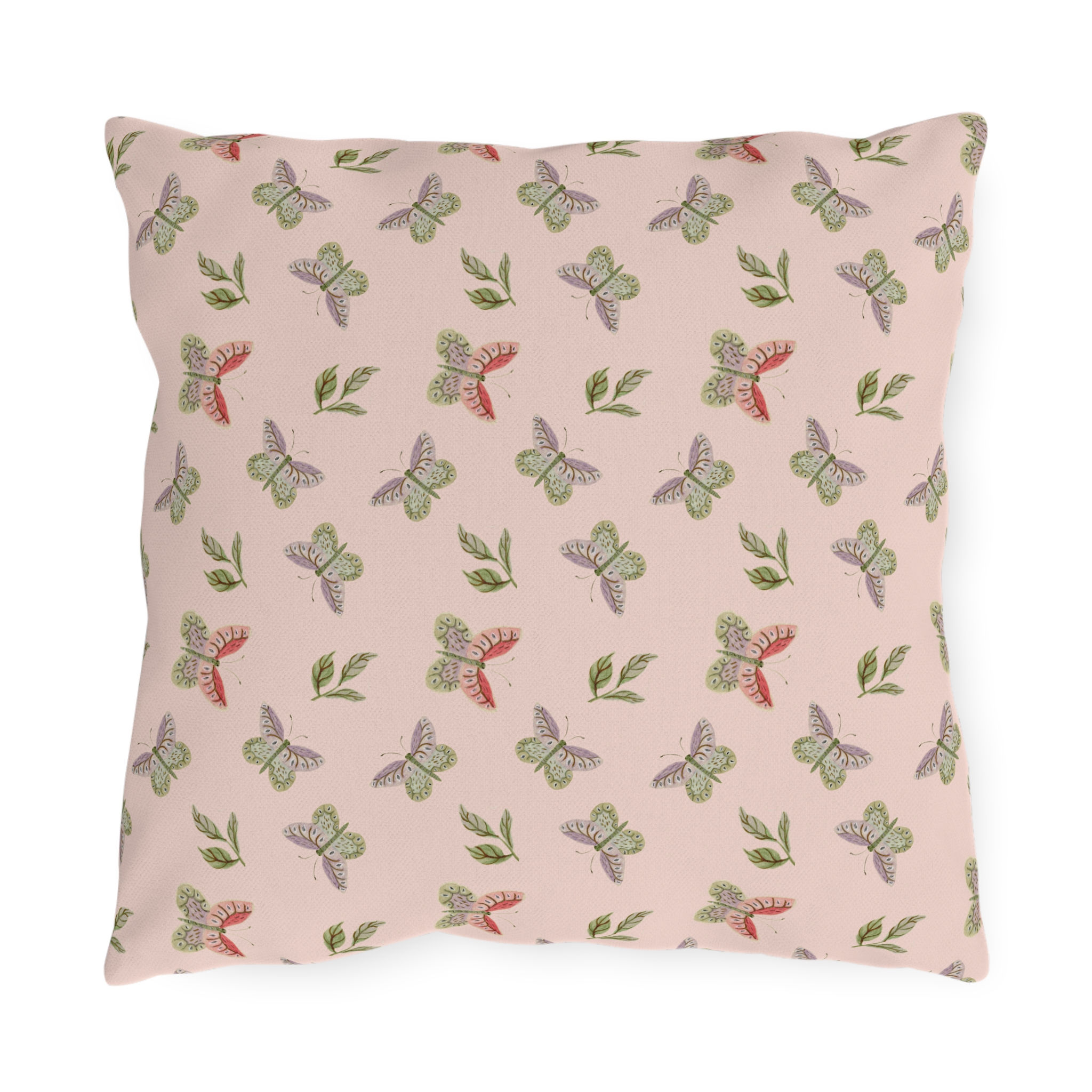 Chinoiserie Butterfly Outdoor Pillow – Soft Pink Garden Design