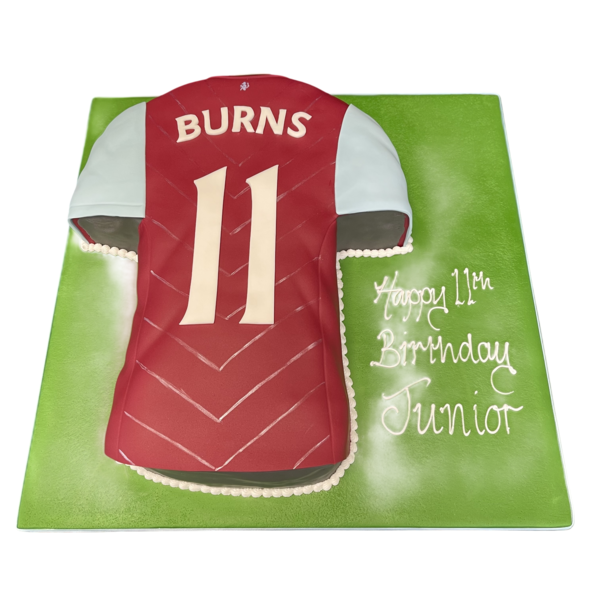 Bespoke Aston Villa AVFC football shirt cake with detailed club crest, maroon and blue colors, Solihull, West Midlands.