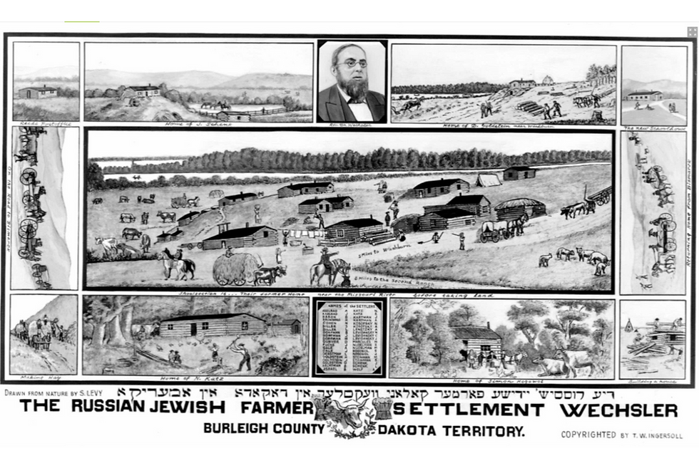 Illustration of a Russian Jewish farming settlement in Burleigh County, Dakota Territory, depicting life in communities like Painted Woods.