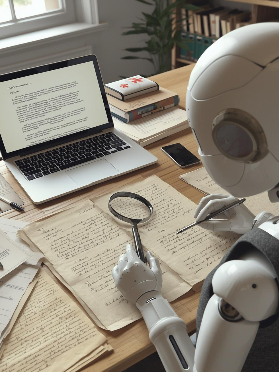 A robot examines handwritten papers with a magnifying glass. A laptop with text is open on the desk. Books and a plant are in the background.