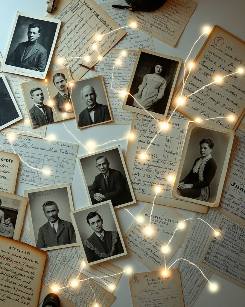 Vintage black-and-white portraits and handwritten documents scattered on a table, illuminated by warm fairy lights, creating a nostalgic mood.