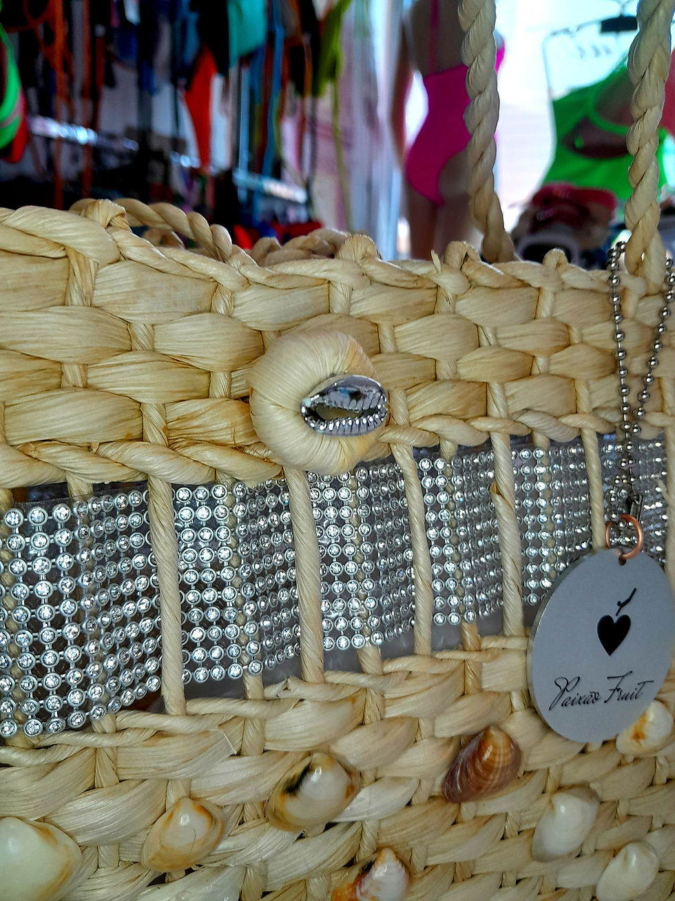 photos of the details of a Customized Straw Beach Bag with long straps