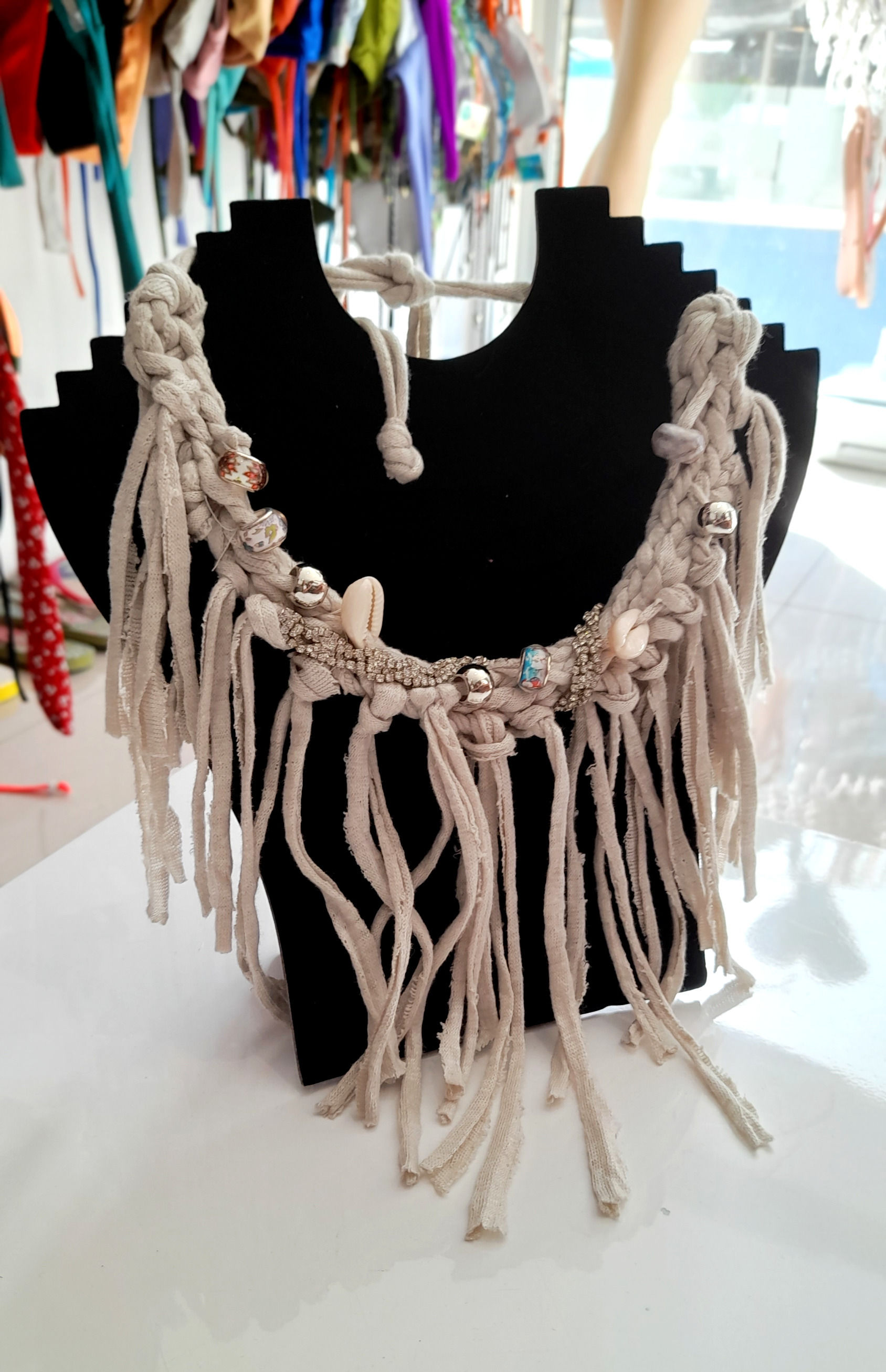 Long Yarn Necklace with Pearls