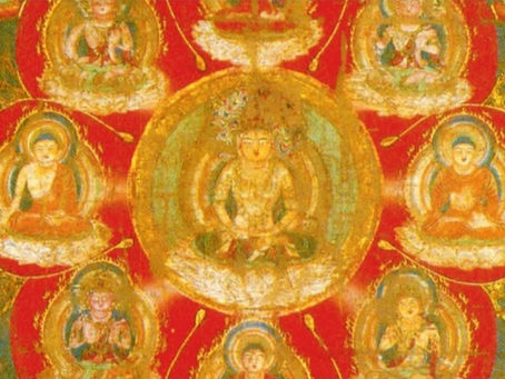 Buddhas encircle a central figure in a lotus pattern, embodying harmony and unity on the cover of Inside Yoga Magazine.