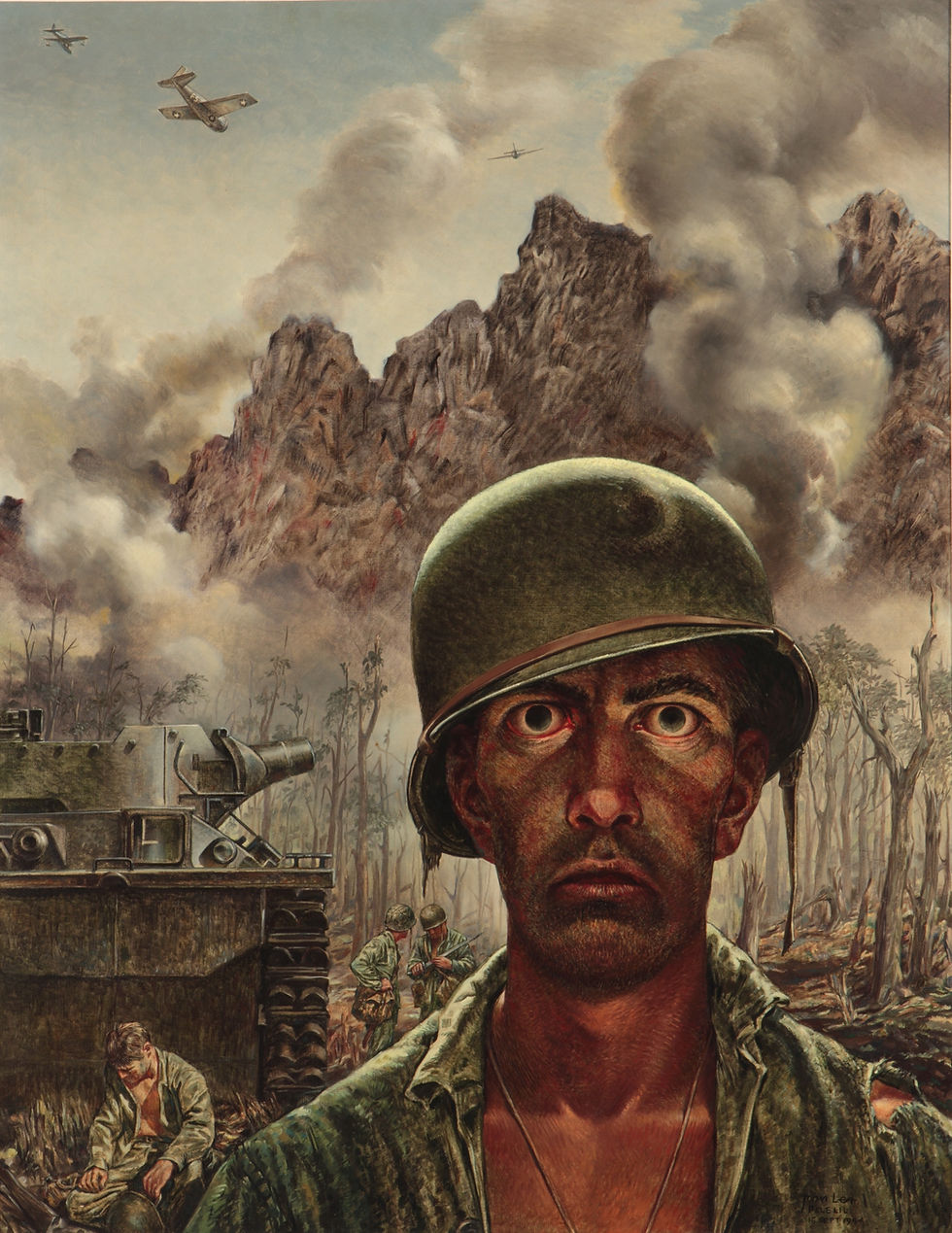 A tattered marine looking at the distance wearing a green helmet.