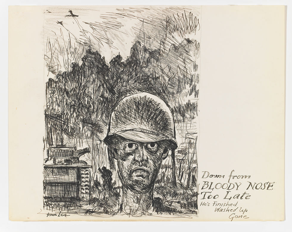 Soldier with intense gaze in helmet, trees and tanks in background. Text reads: "Down from Bloody Nose. Too Late. He’s Finished, Washed Up, Gone."