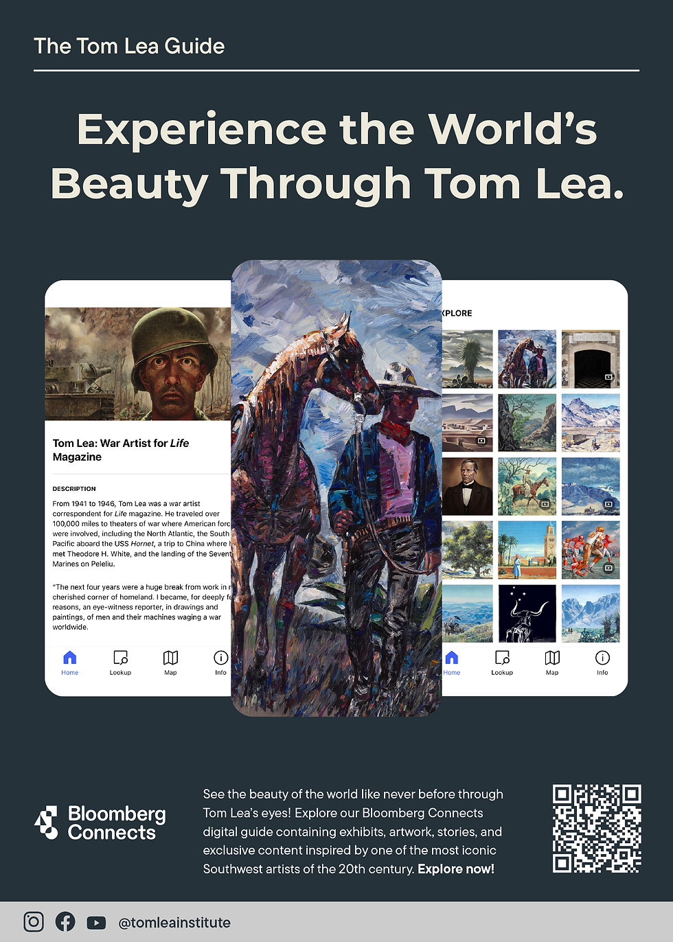 Digital guide promo for Tom Lea's art. Features paintings, war correspondent info, and a Southwest scene. Text: "Experience the World’s Beauty."