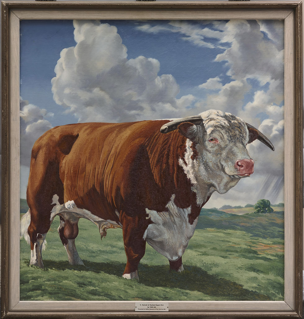 Painting of a brown and white bull standing on a grassy field under a blue sky with fluffy clouds. Framed with a plaque below.