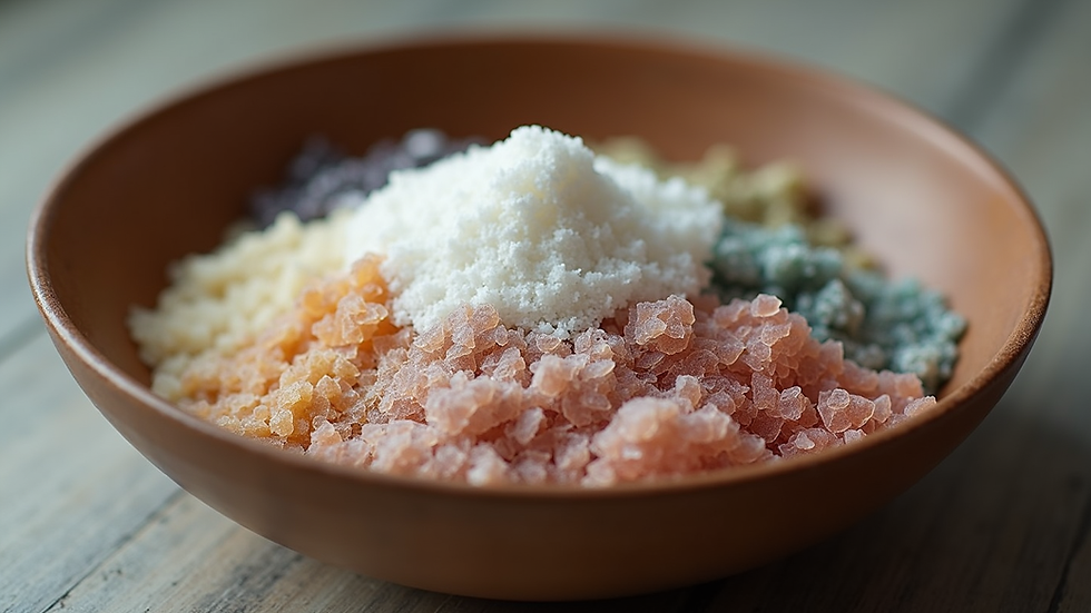 Close-up view of a bowl filled with various natural bath minerals
