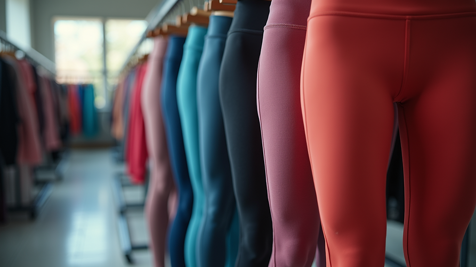 Eye-level view of a rack with colorful workout leggings