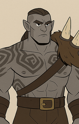 Grock, Muscular strong man with grey skin, tattoos on his body and shirtless with a single side shoulder pad.