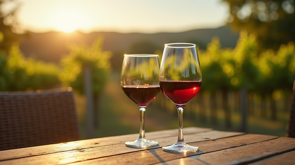 High angle view of wine glasses on a wooden table with vineyard background